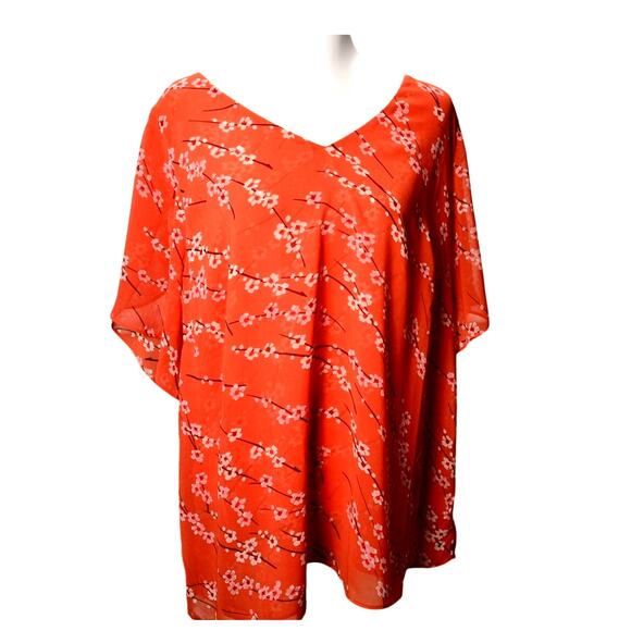 Cabi Coral Pink Floral Blossom VNeck Short Sleeve Blouse Boxy Fit Drapey Top XXL - Picture 1 of 7